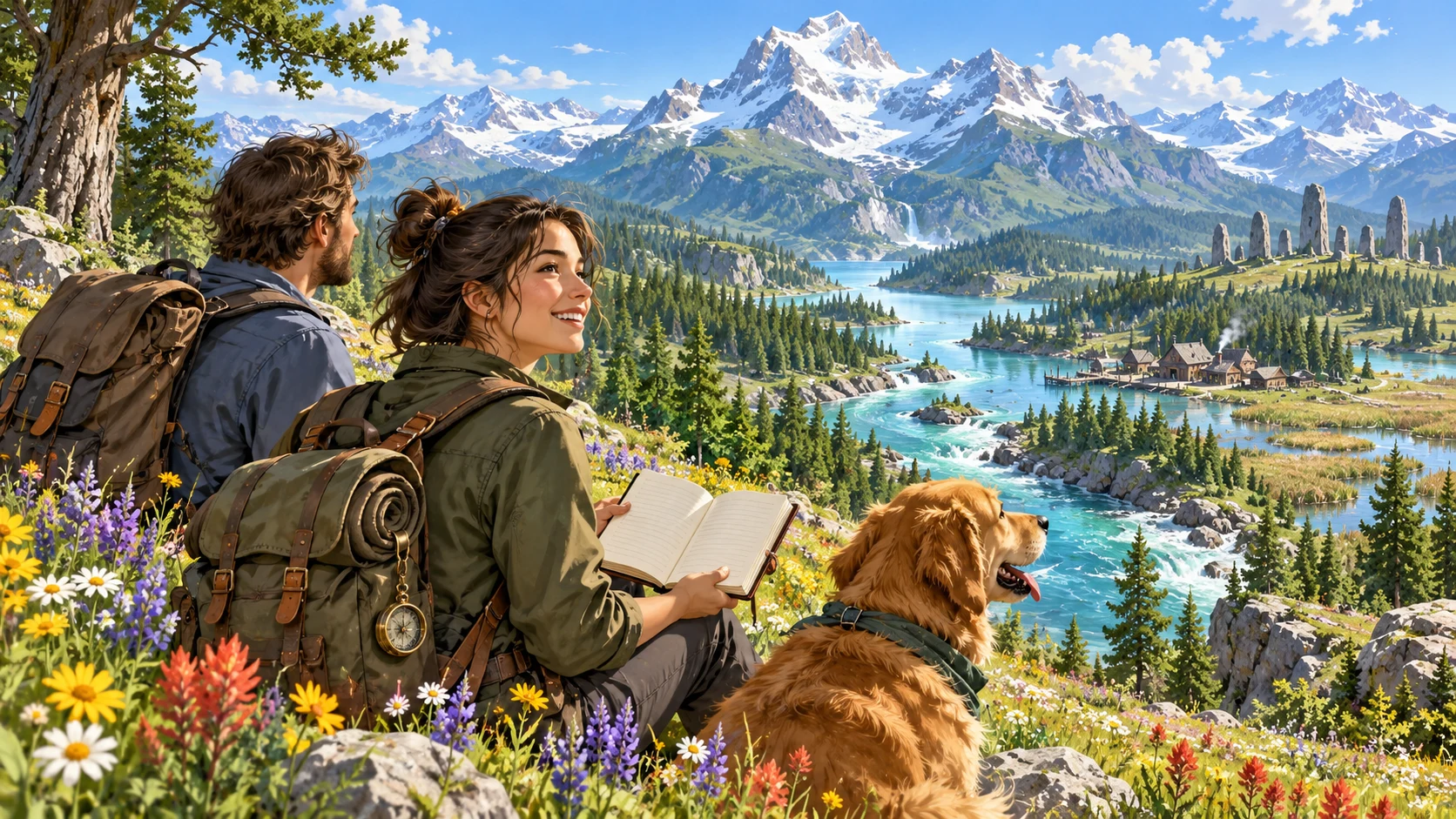 Fantasy editorial illustration of travellers surveying a wilderness frontier