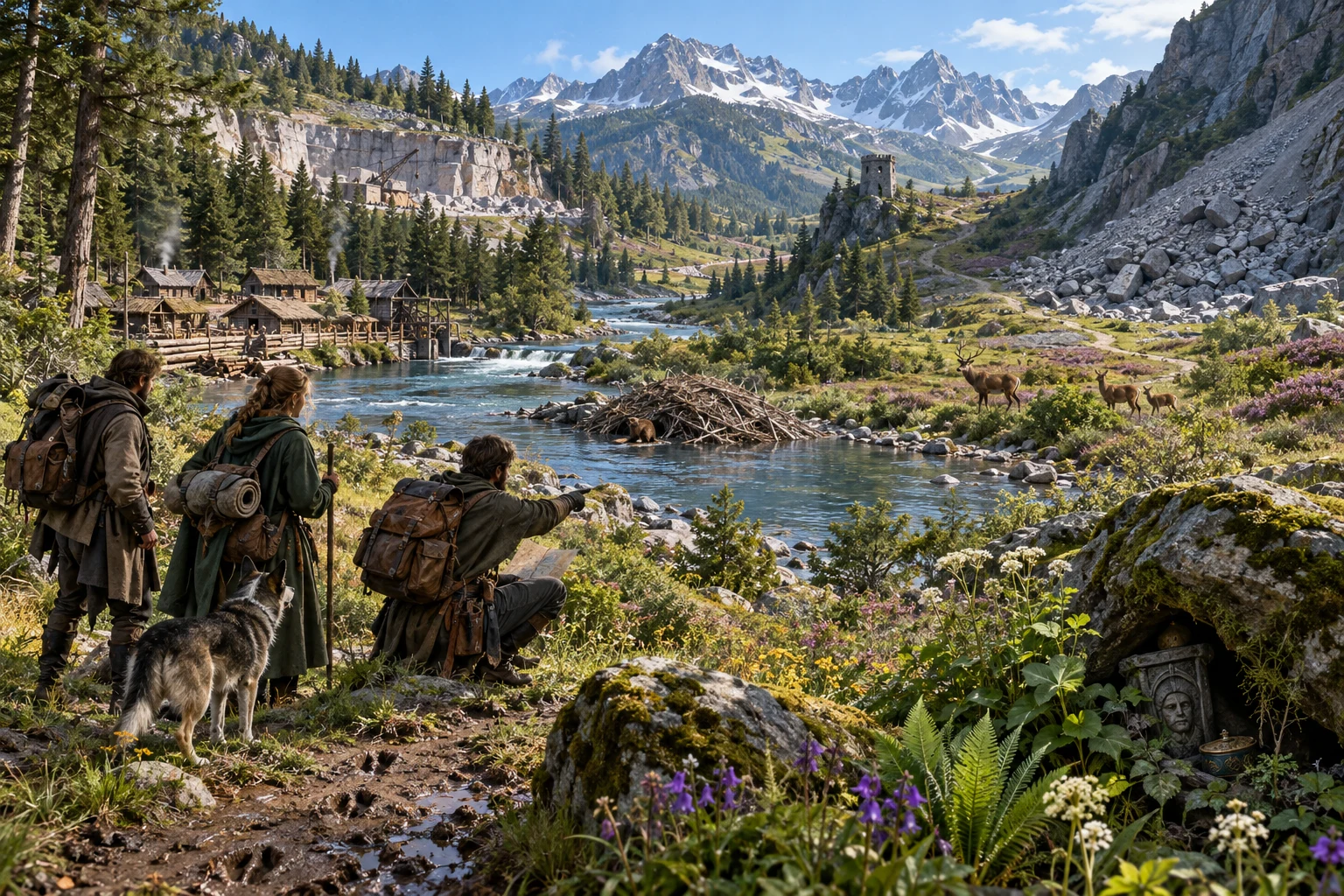 Fantasy editorial illustration of a region with landmarks, routes and habitation